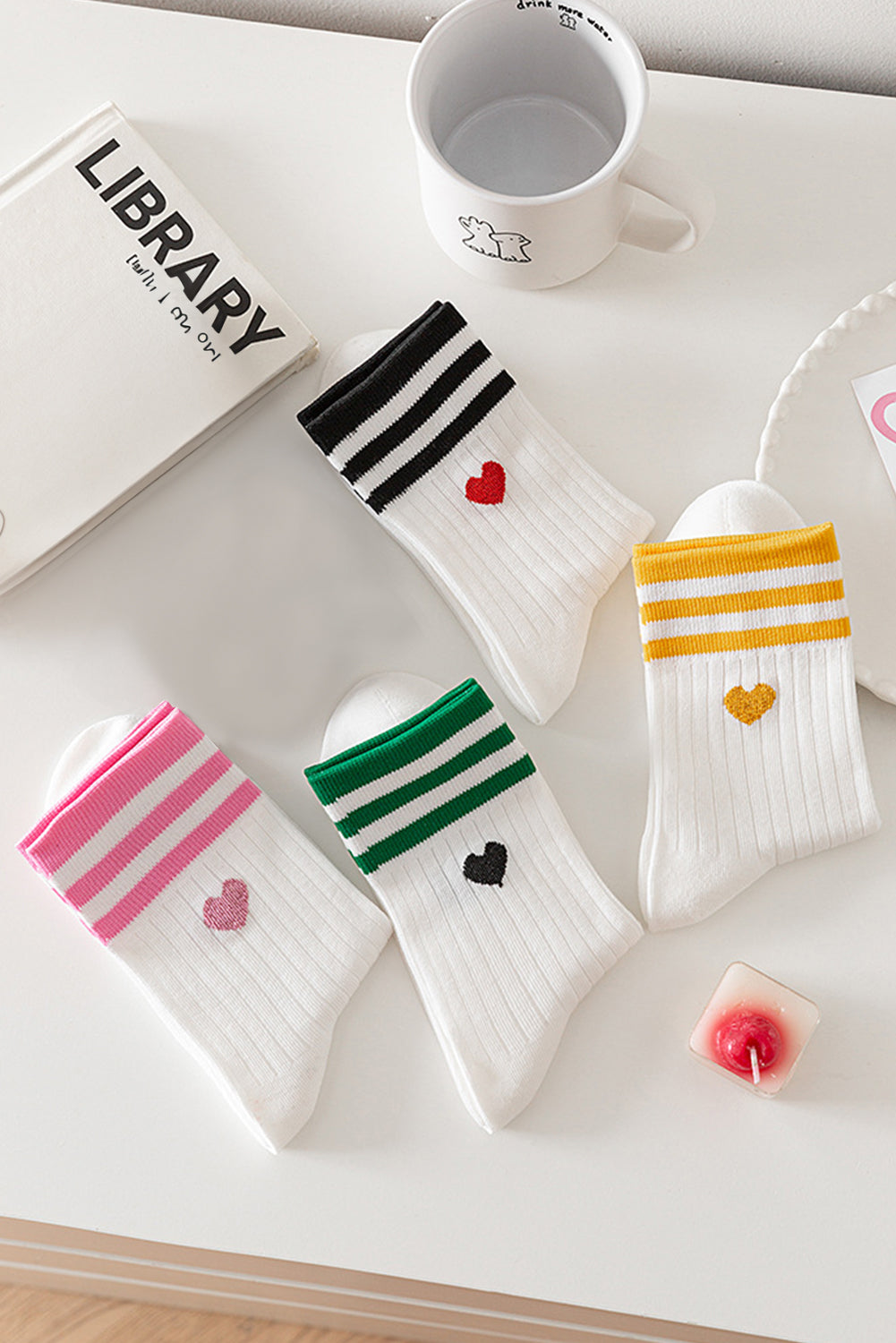 White Heart Striped Cotton Crew Socks 4pcs Set for Comfort