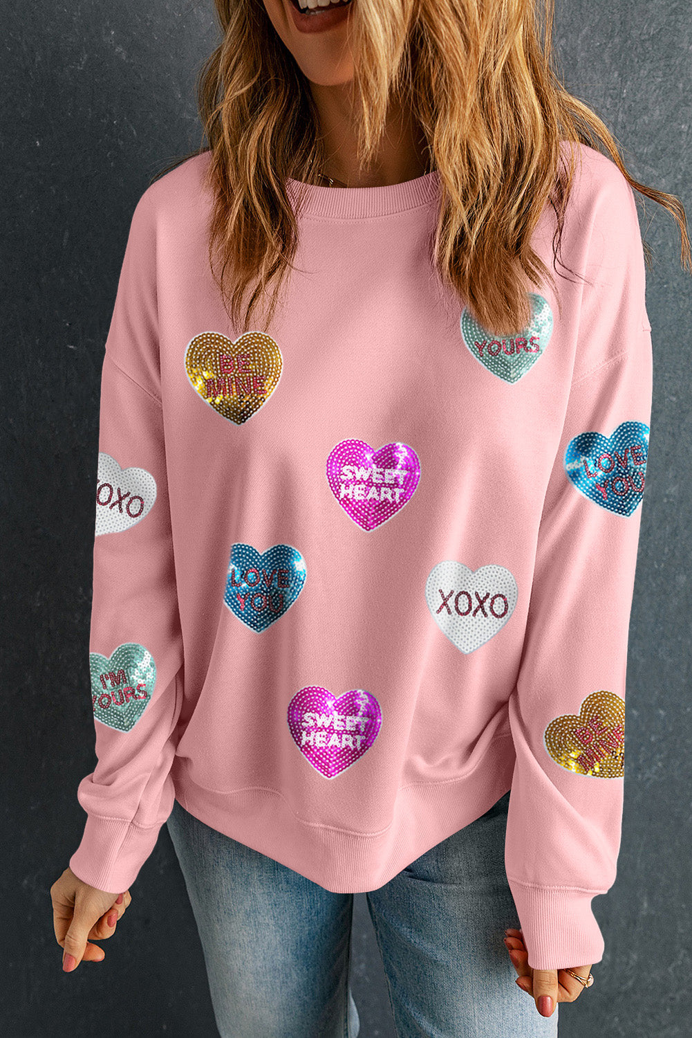 Pink Sequin Romantic Sweet Heart Graphic Valentines Sweat-shirt