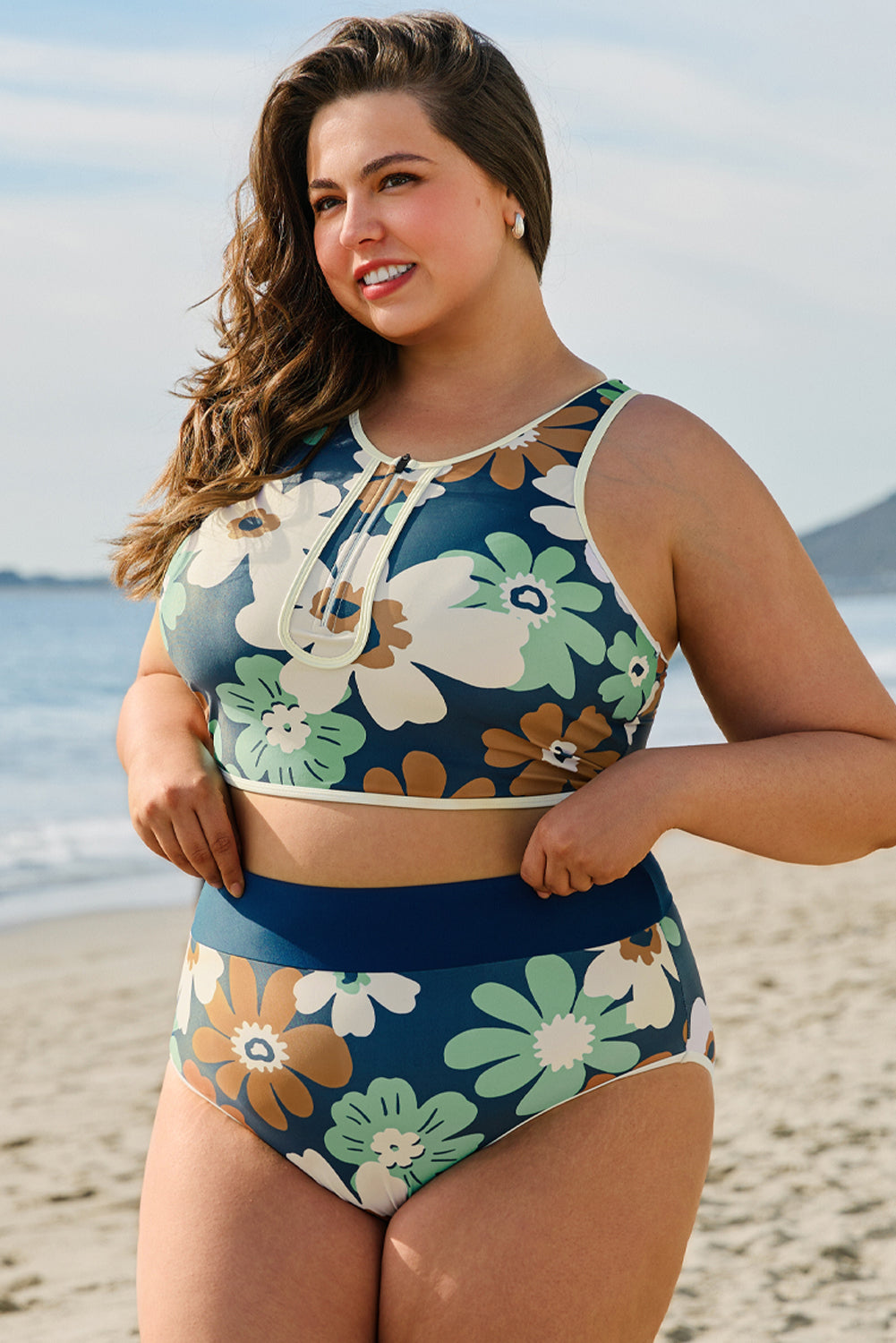 Green Floral Print Zipped Plus Size Two Pieces Bikini