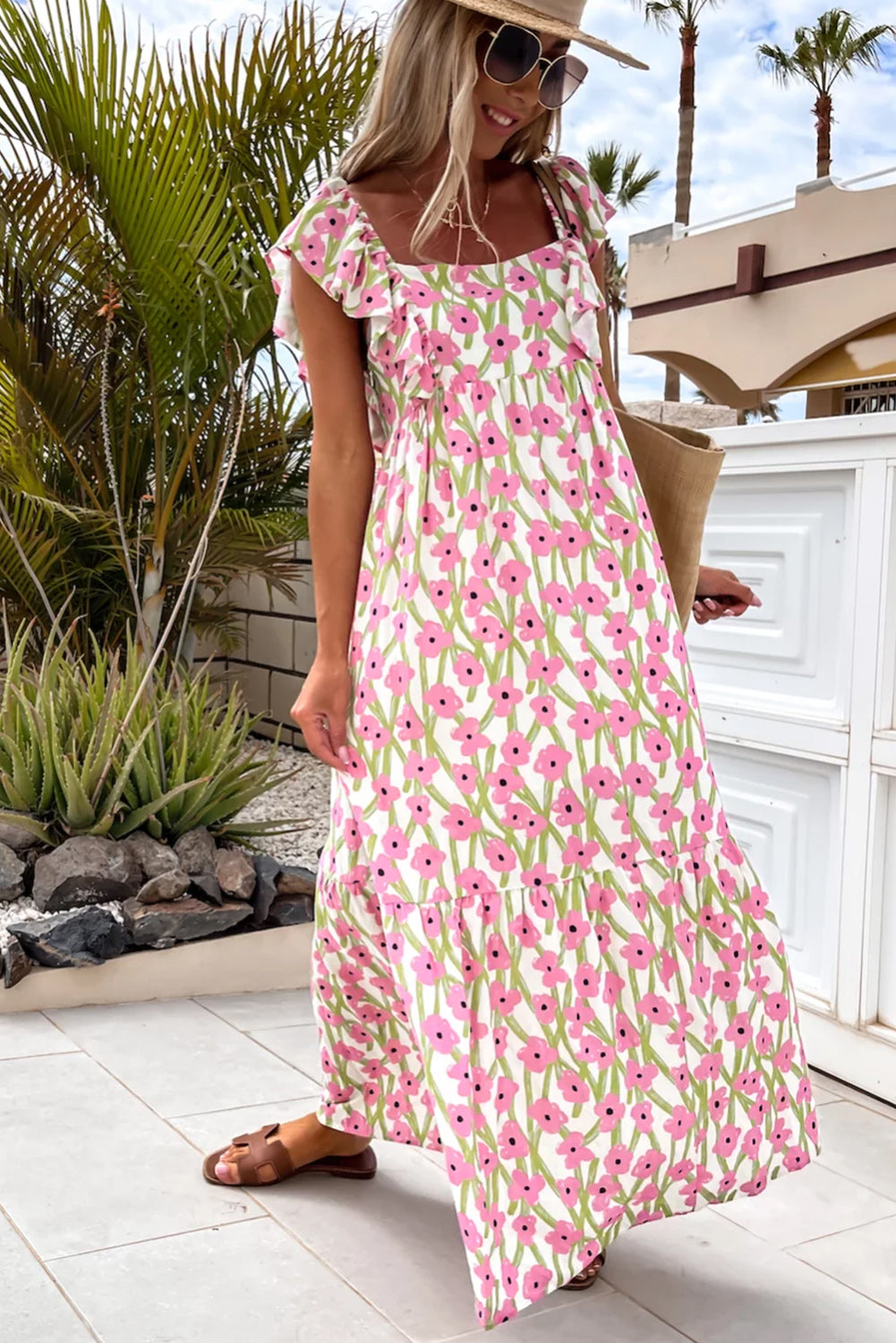 Robe maxi à collier carré à imprimé floral rose robe maxi