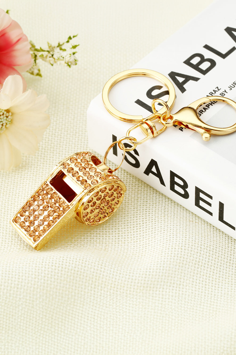 Gold Rhinestone Whistle Pendant Alloy Key Chain Accessory