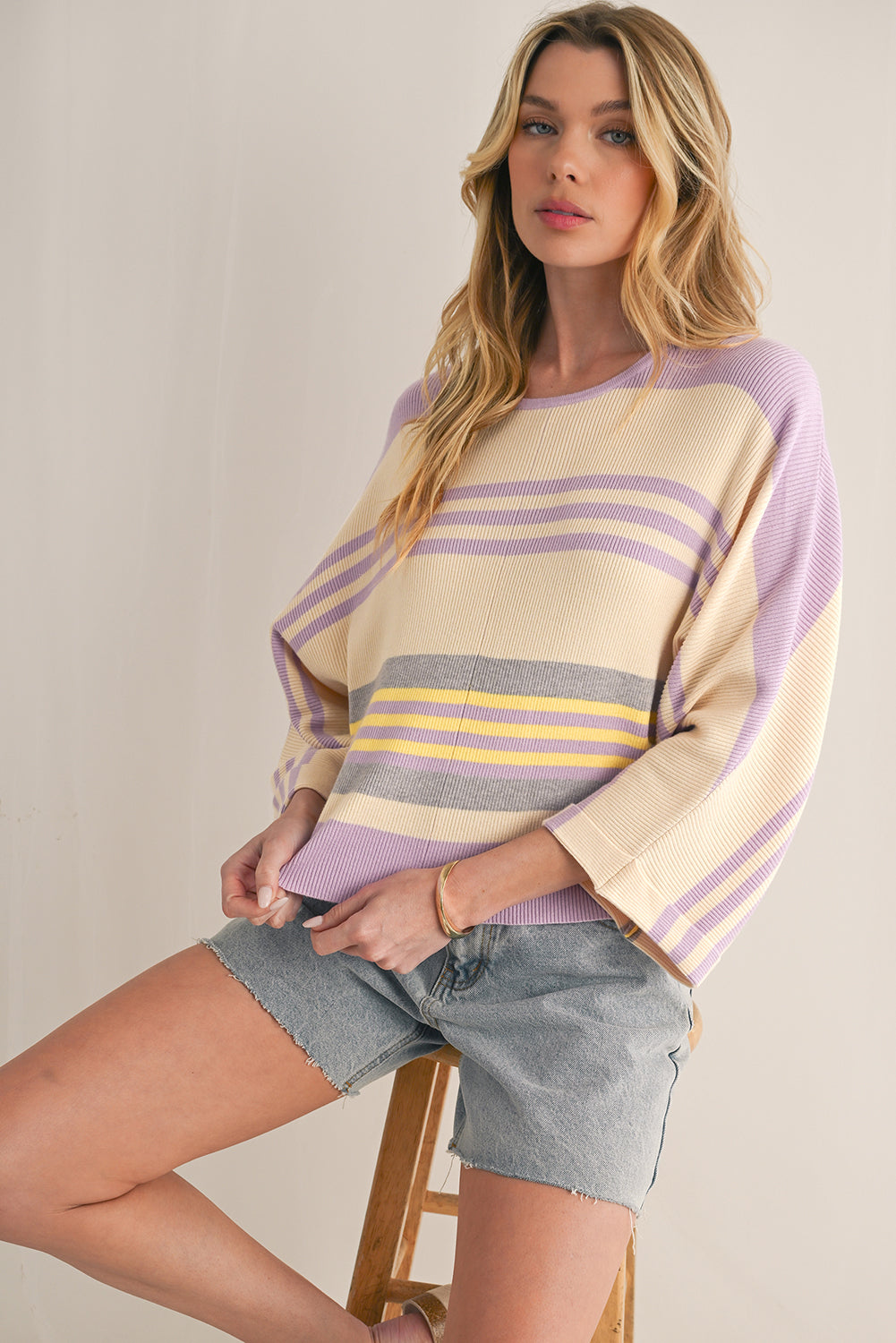 Purple Striped Rib-Knit Cropped Top