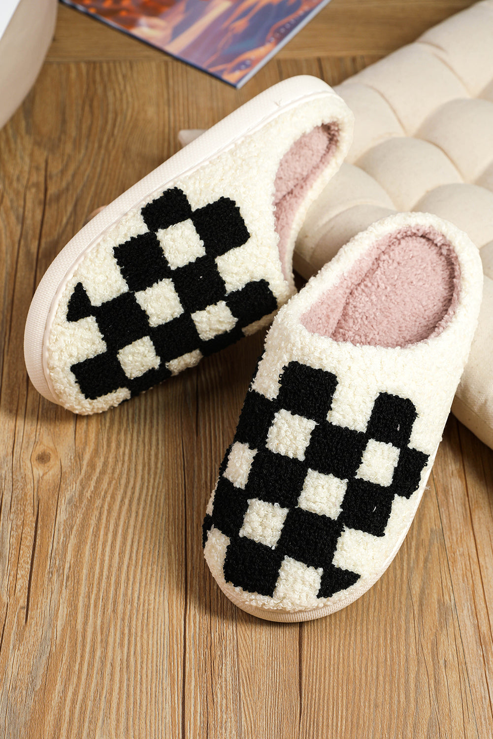 Fiery Red Checkered Print Fuzzy Slip On Winter Slippers