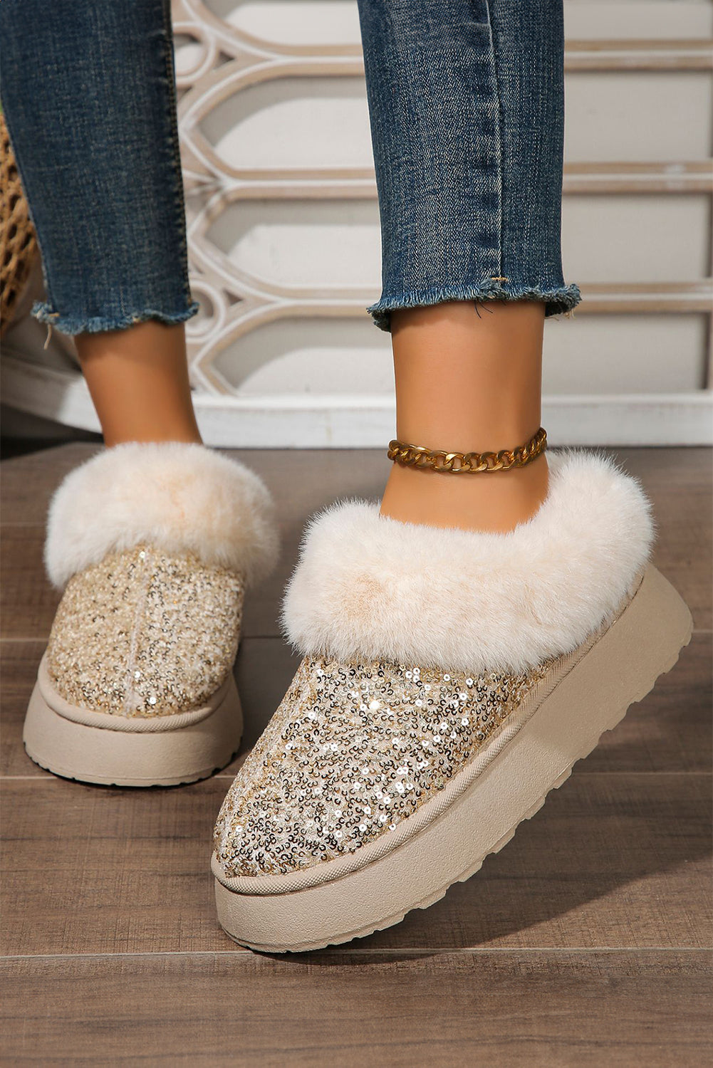 Paillettes dorées en peluche épais bottes de neige à semelle