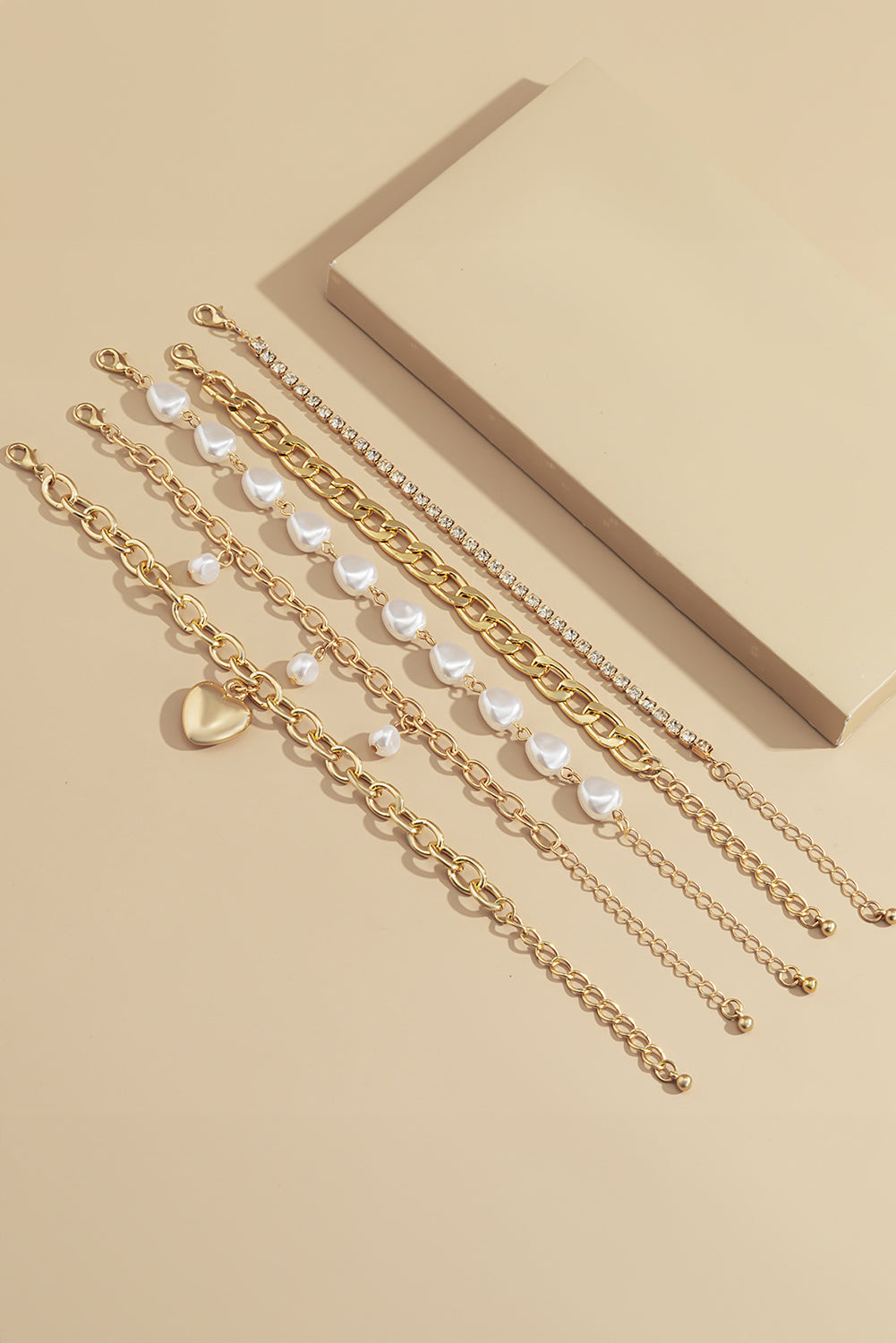 Gold 5Pcs Pearl Heart Diamond Bracelet Set for Elegance