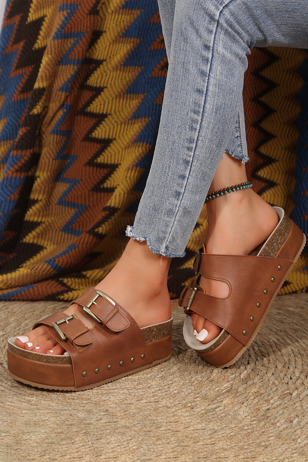 Chestnut Dual Buckle Studded Vintage Platform Slides Shoes