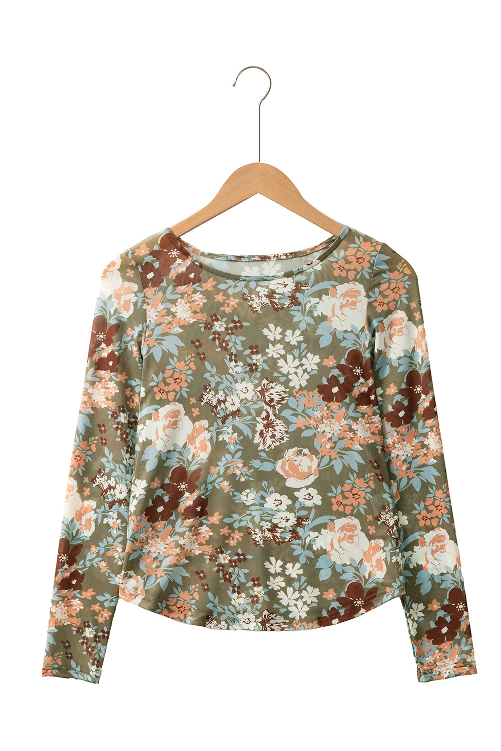 Green Floral Print Mesh Long Sleeve Top