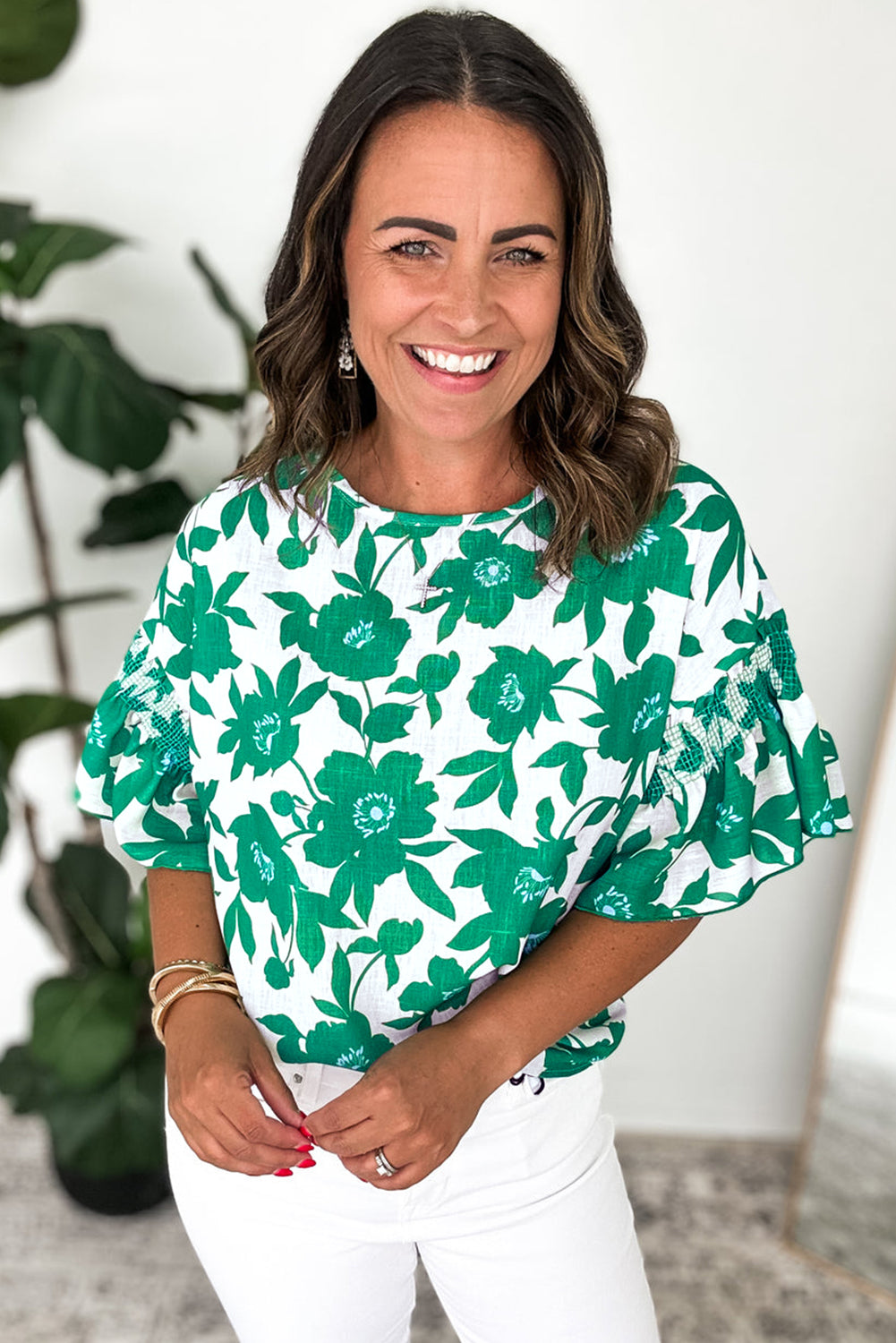 Blouse lâche à manches courtes à imprimé floral vert