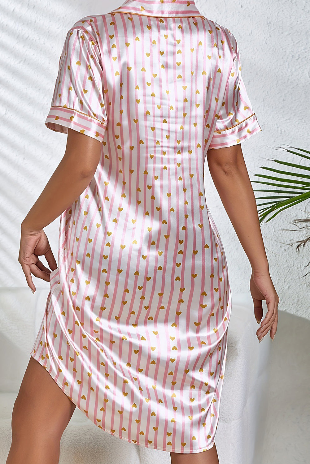 Sweetheart Striped Button-Up Pajama Dress with Short Sleeves