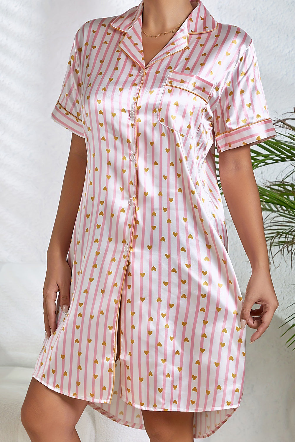 Sweetheart Striped Button-Up Pajama Dress with Short Sleeves