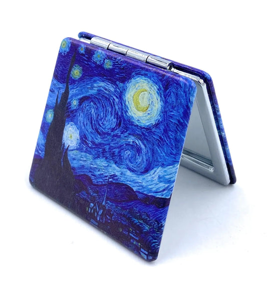 Aeisage Compact Mirror Square Starry Night Van Gogh Pocket Mirror for Men Small Travel Mirror Magnifying Purse Mirror Compact with Art Print