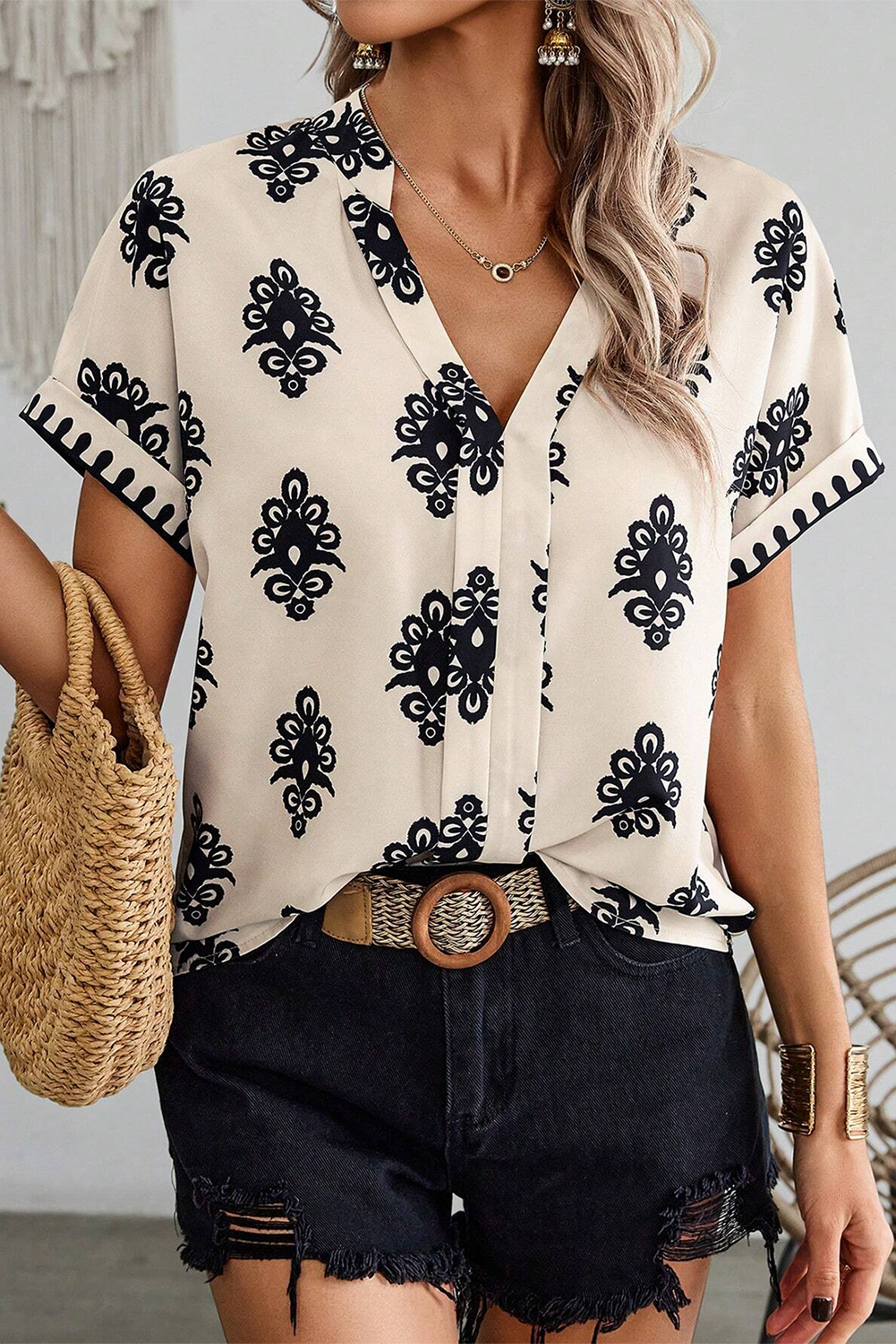 Blouse de cou à manches courtes à imprimé géométrique noir