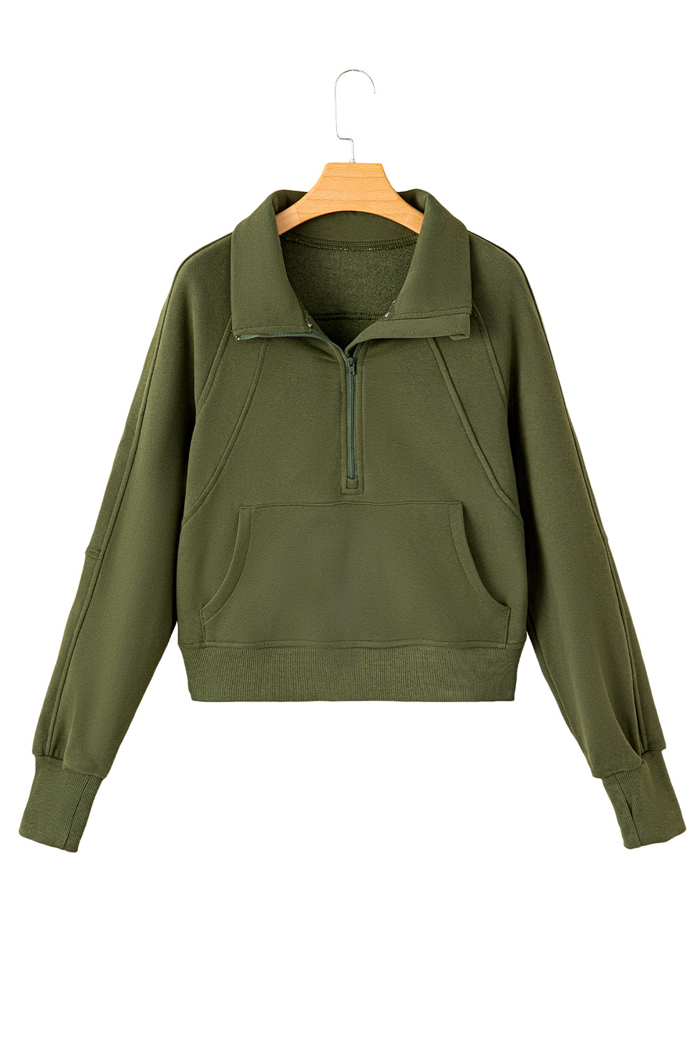 Smoke Green Zip Up Stand Collar Ribbed Thumbhole Sleeve Sweatshirt