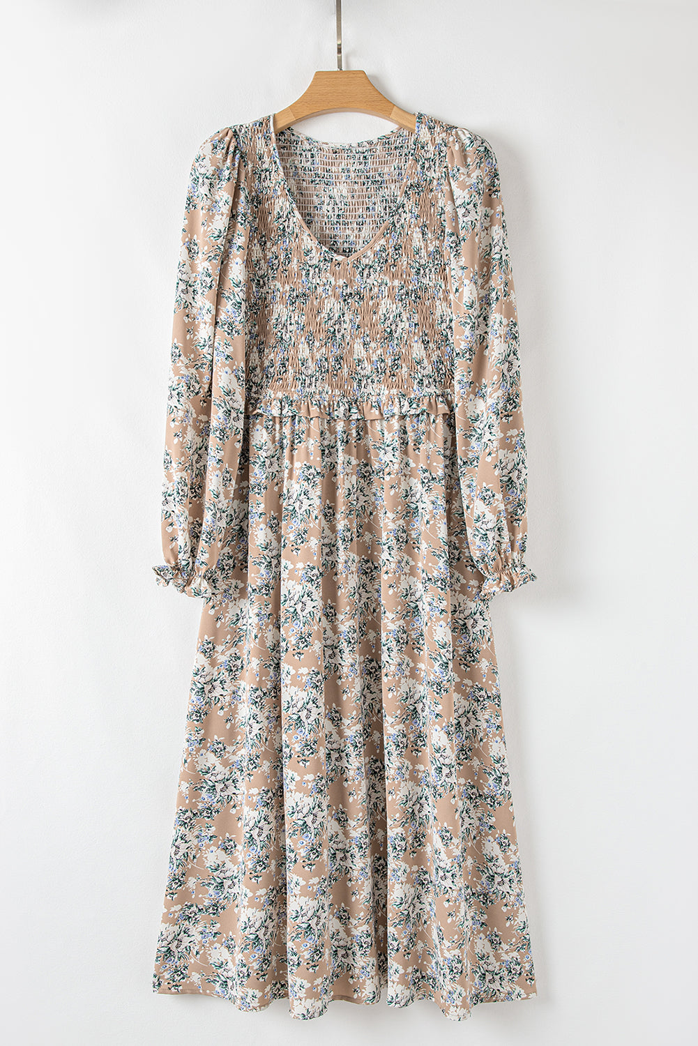 Khaki Floral Puff Sleeve Maxi Dress with Smocked Details