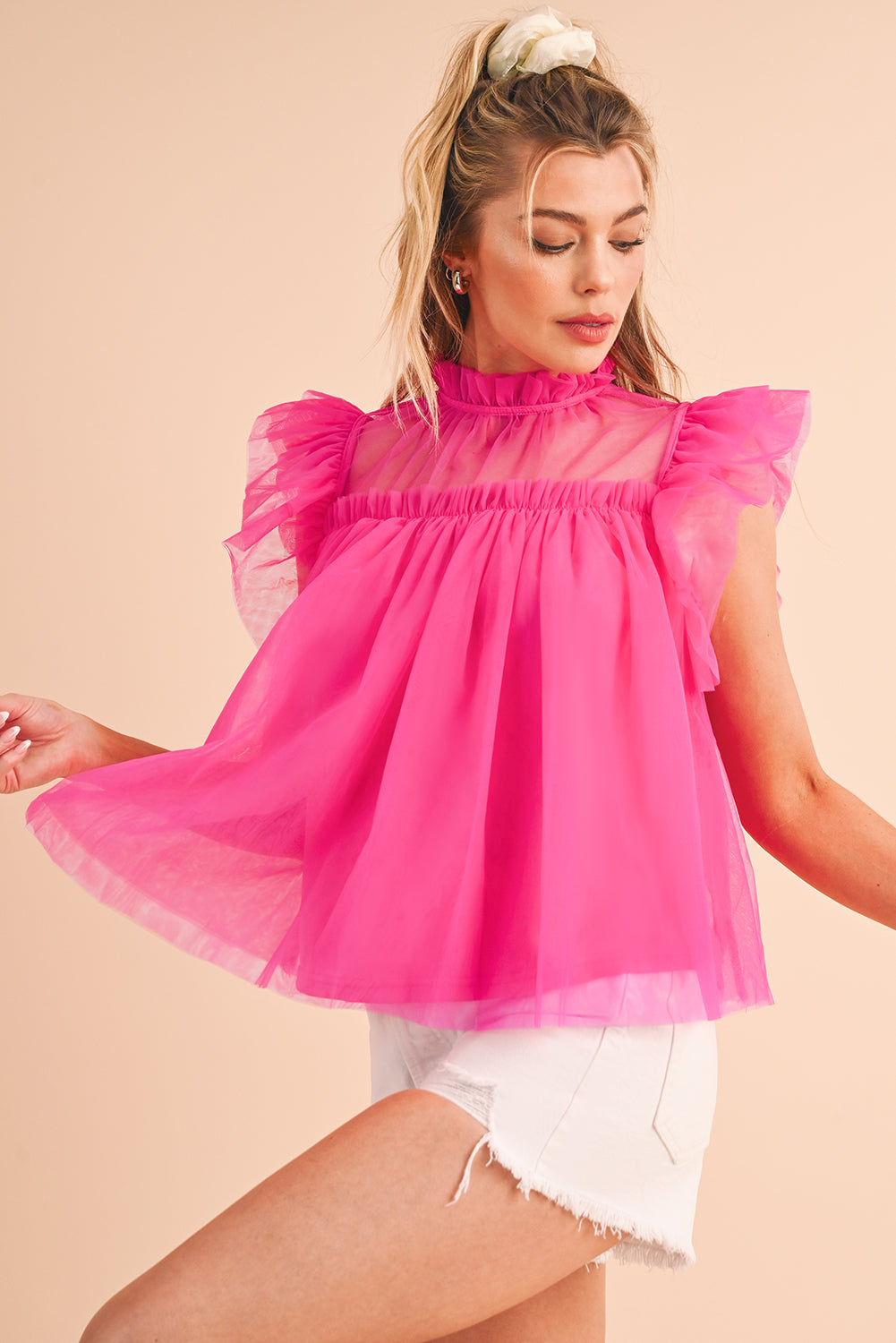 Ruffled Strawberry Pink Mesh Layered Top