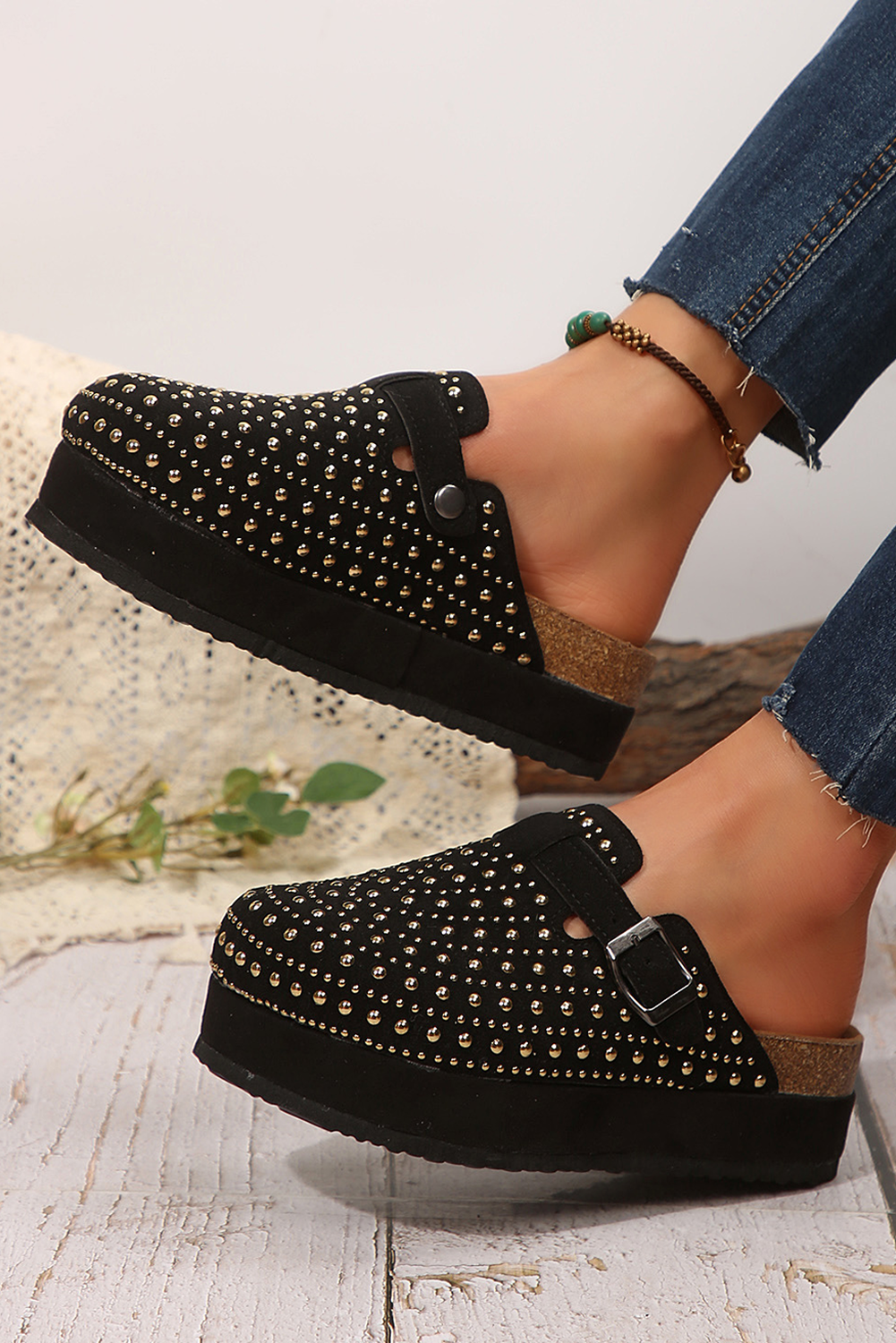 Black Vintage Studded Platform Slippers