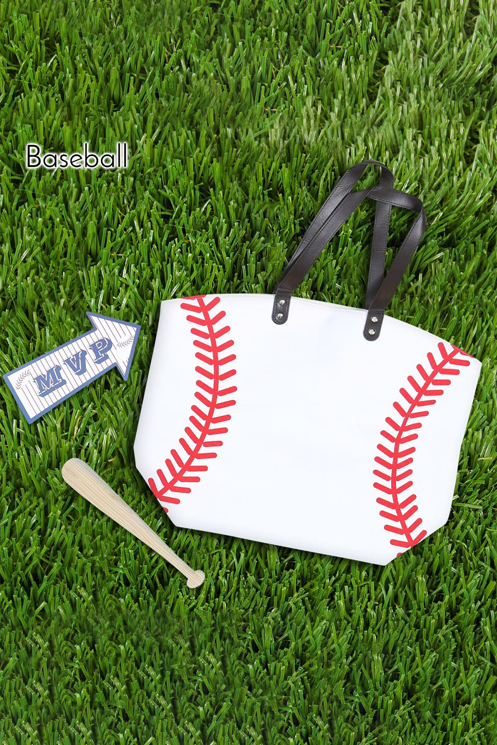 Sporty White Baseball Print Canvas Oversized Tote Bag