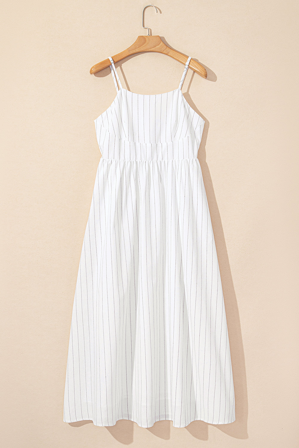 Beige Striped High Waist Maxi Dress with Spaghetti Straps and Pockets