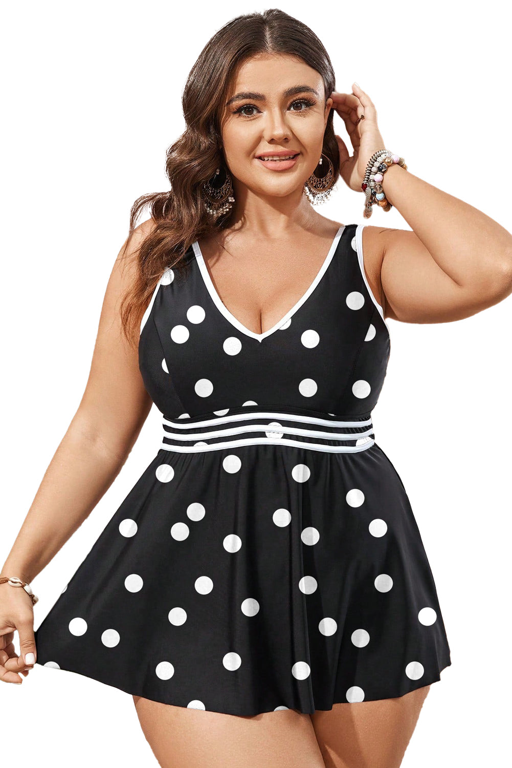 Black Polka Dot Colorblock Trim V Neck Plus Size Swim Dress