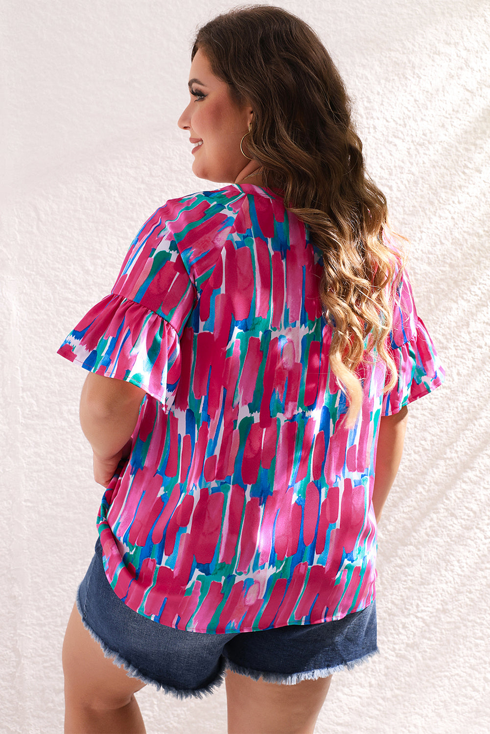 Rose Abstract Print Ruffle Sleeve V-Neck Blouse