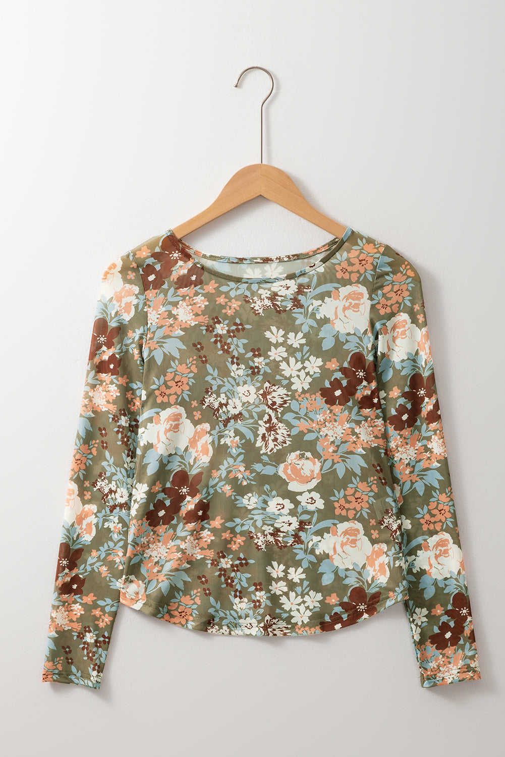 Green Floral Print Mesh Long Sleeve Top