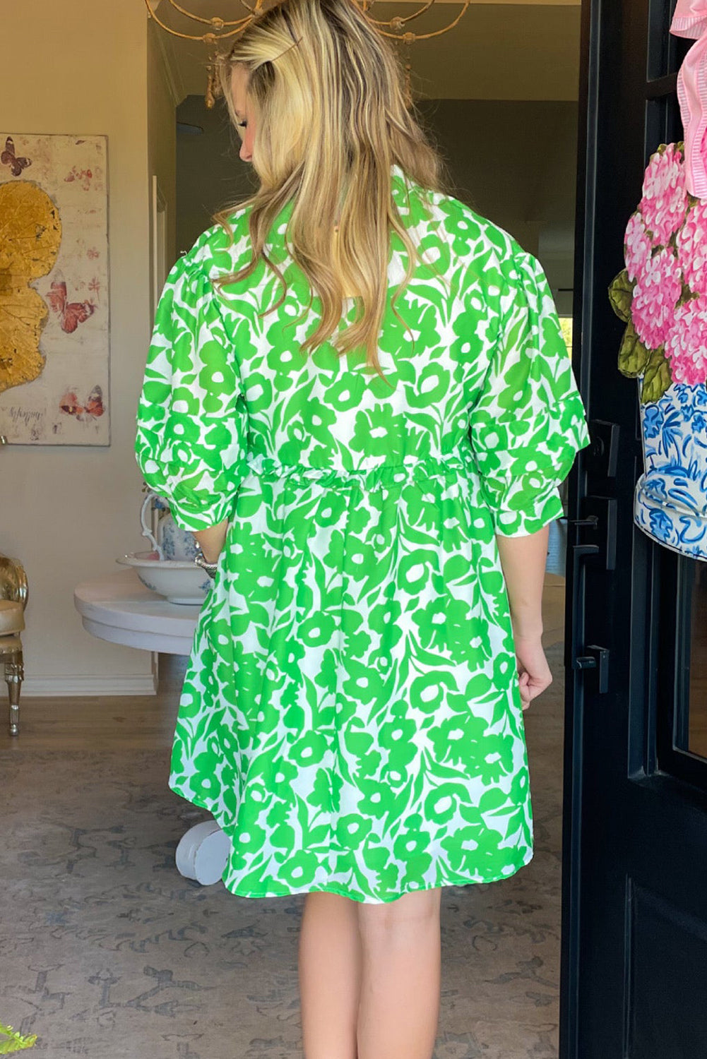 Robe babydoll à manches bouffantes florales en V en vert