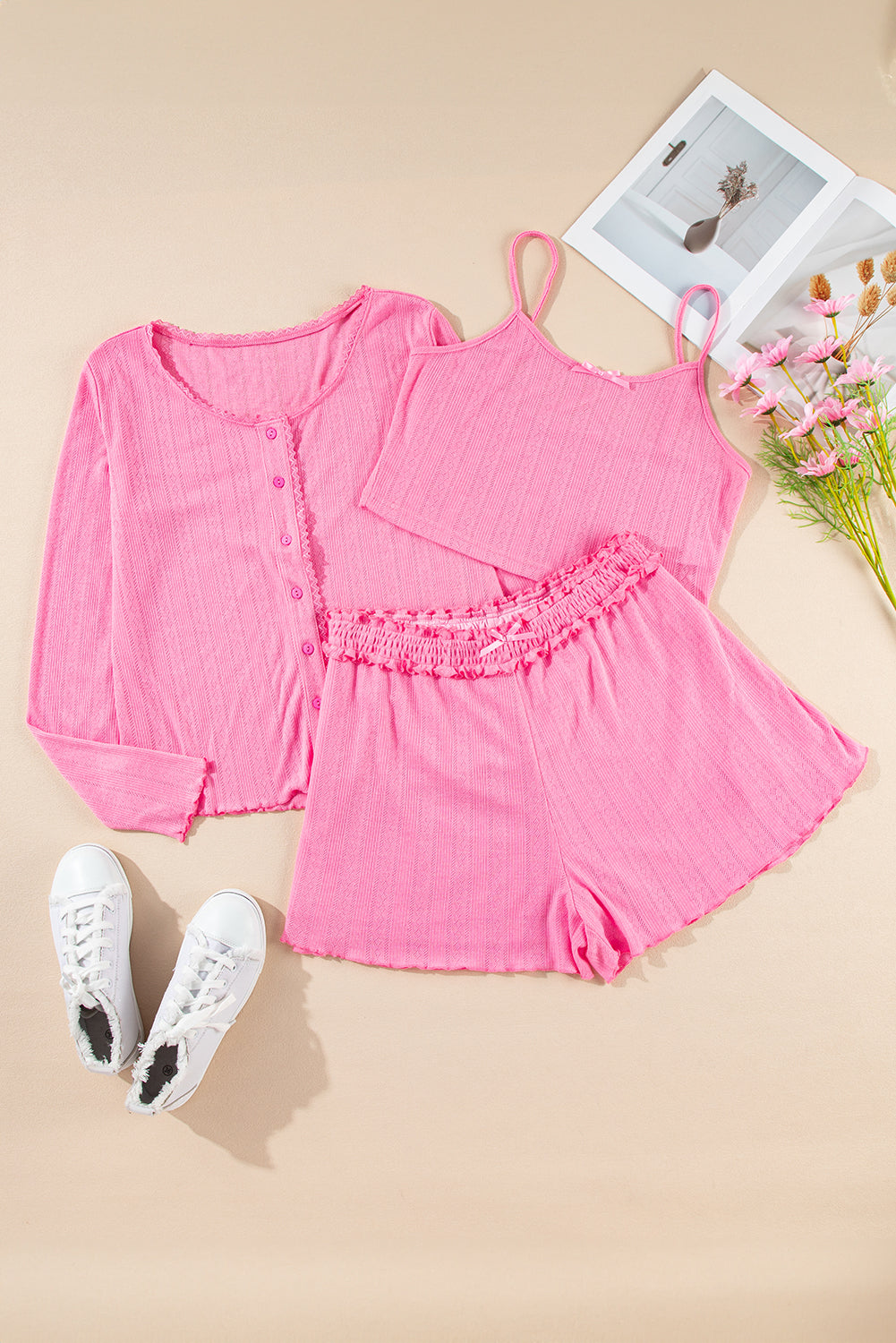 Charming Bow-Detail 3-Piece Cropped Cami Shorts and Cardigan Pajama Set