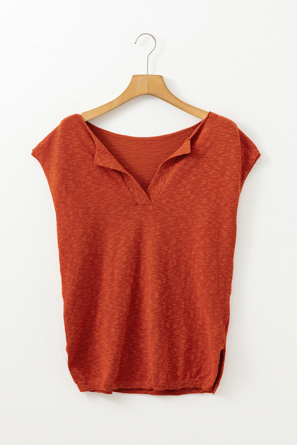 Orange Solid Color Split V Neck Knit Top