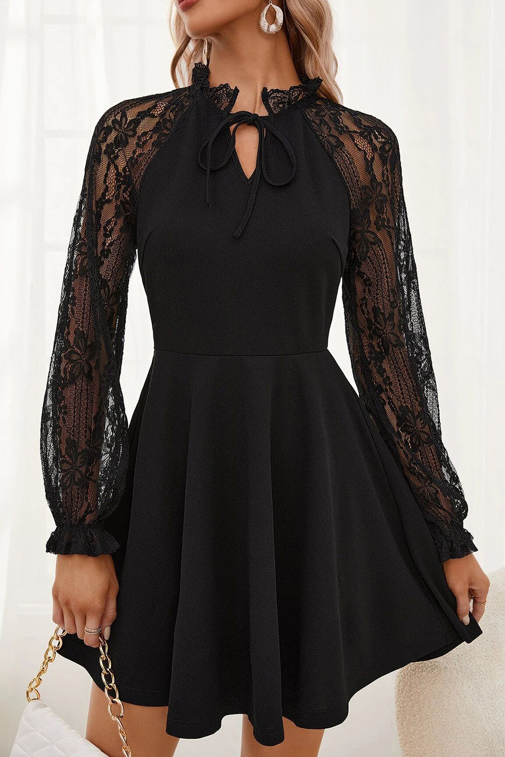 Black Lace Patchwork Long Sleeve Elegant Dress