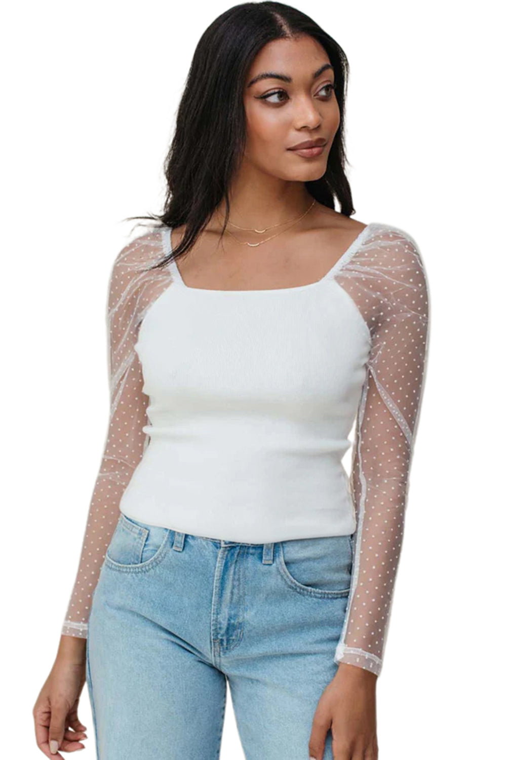 White Dotted Mesh Long Sleeve Cropped Blouse