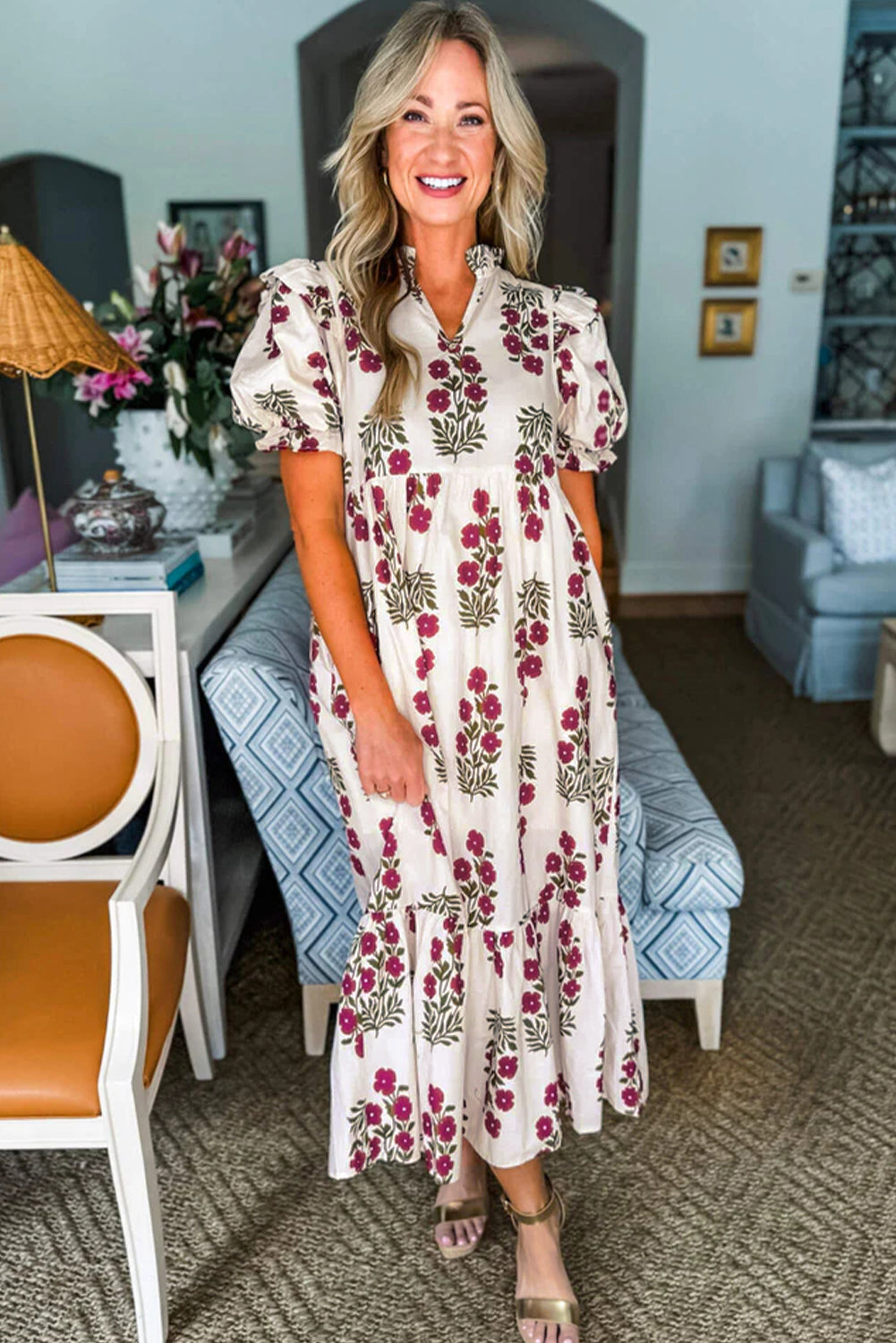 Beige Floral Short Bubble Sleeve Tiered Maxi Dress