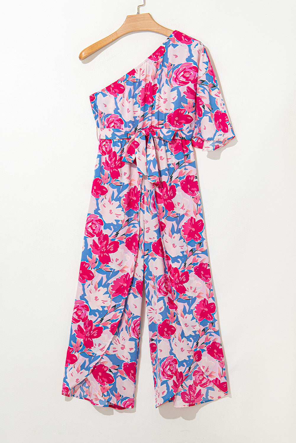 Pink Asymmetrical Floral Print Jumpsuit with Half Sleeve and Belted Waist