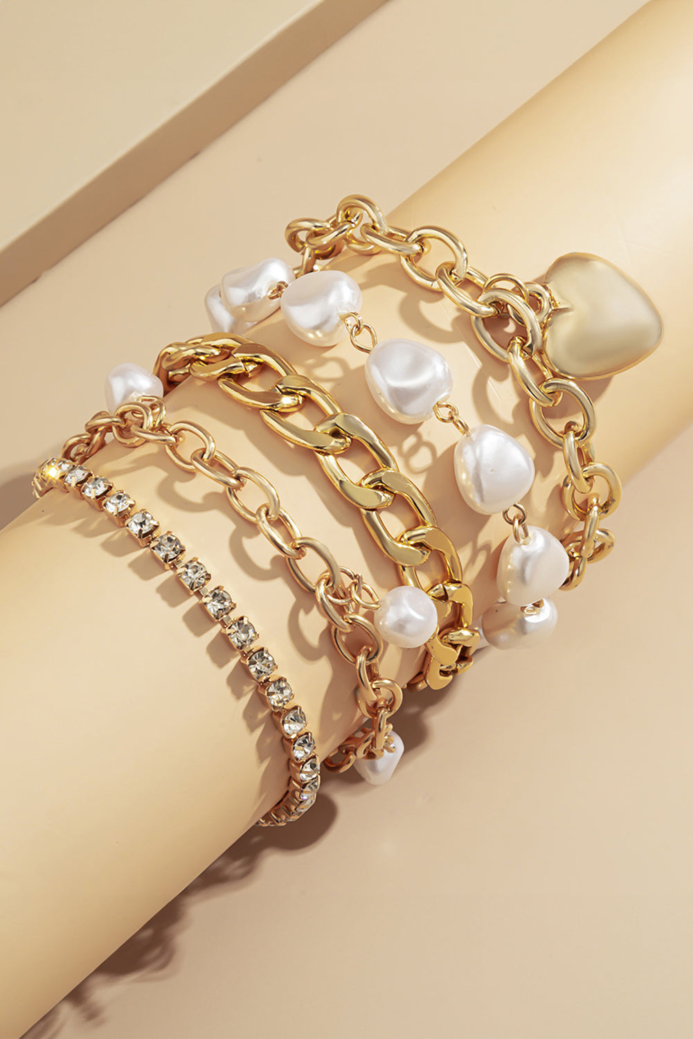 Gold 5Pcs Pearl Heart Diamond Bracelet Set for Elegance