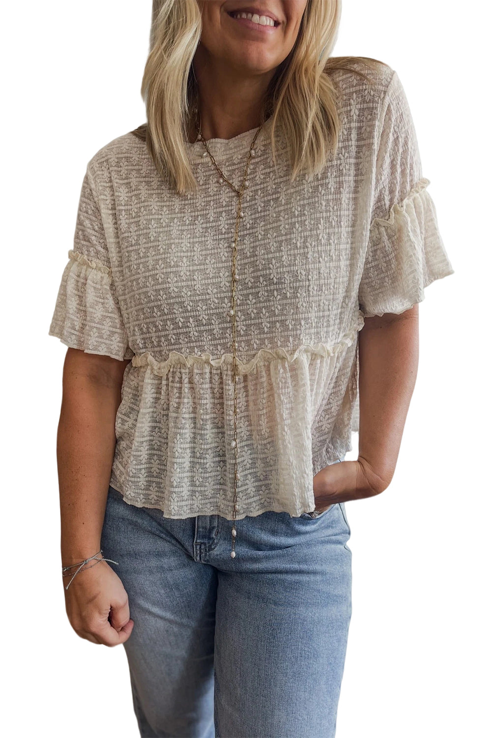 Blusa de volante con textura de encaje sólido beige