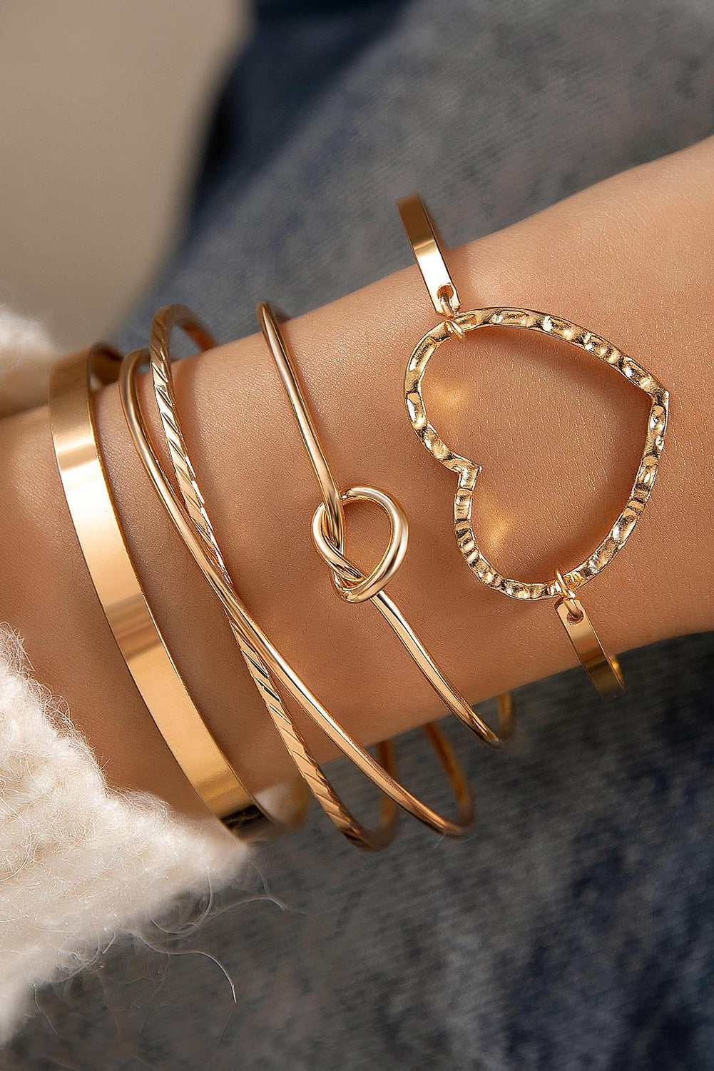 Charming Gold Heart Knot Multi-Layer Cuff Bracelet Set