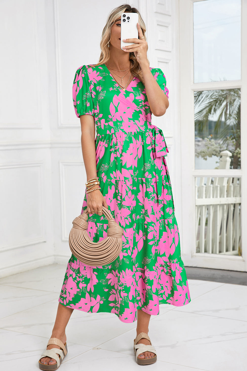 گره سبز Boho Gloral Joit High Cood V Neck Maxi