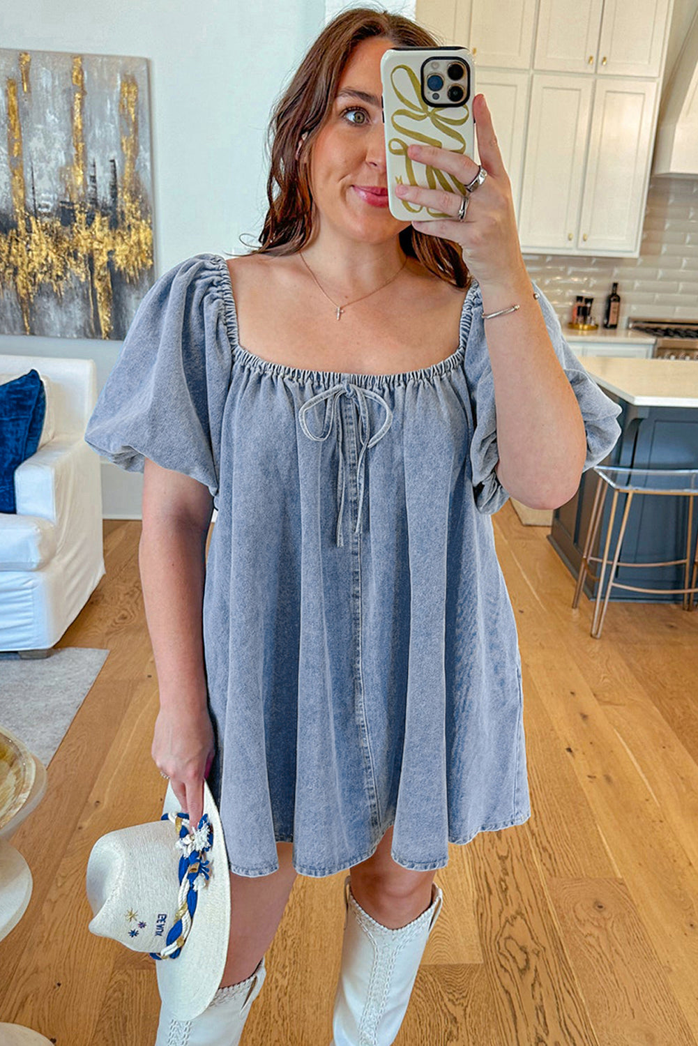 Chic Denim Babydoll Dress with Bubble Sleeves and Square Neck