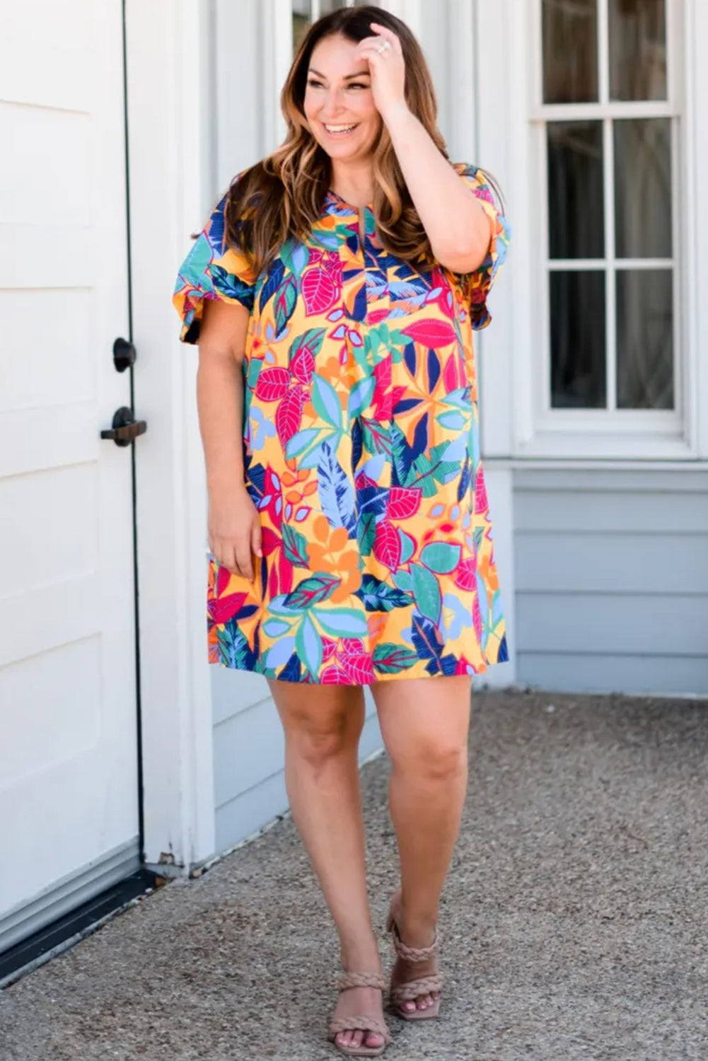 Multicolour Plus Size Leafy Print Shift Dress for Women