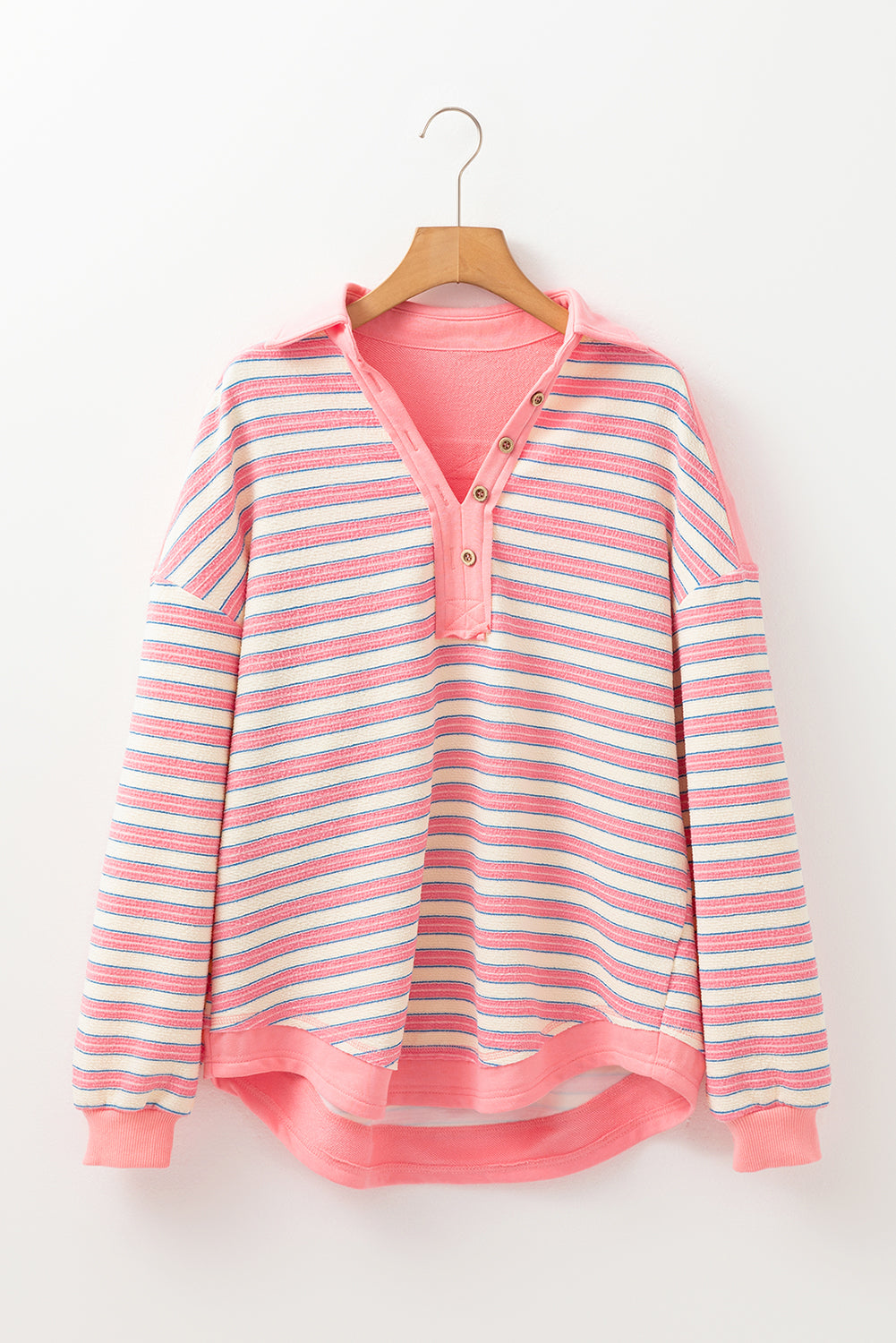 Pink Stripe Collared V Neck Drop Shoulder Top