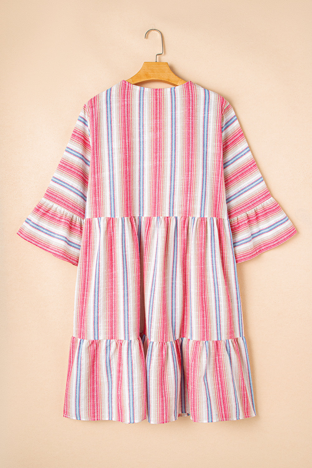 White Stripe Geometric Detail Flared 3/4 Sleeve V Neck Plus Dress