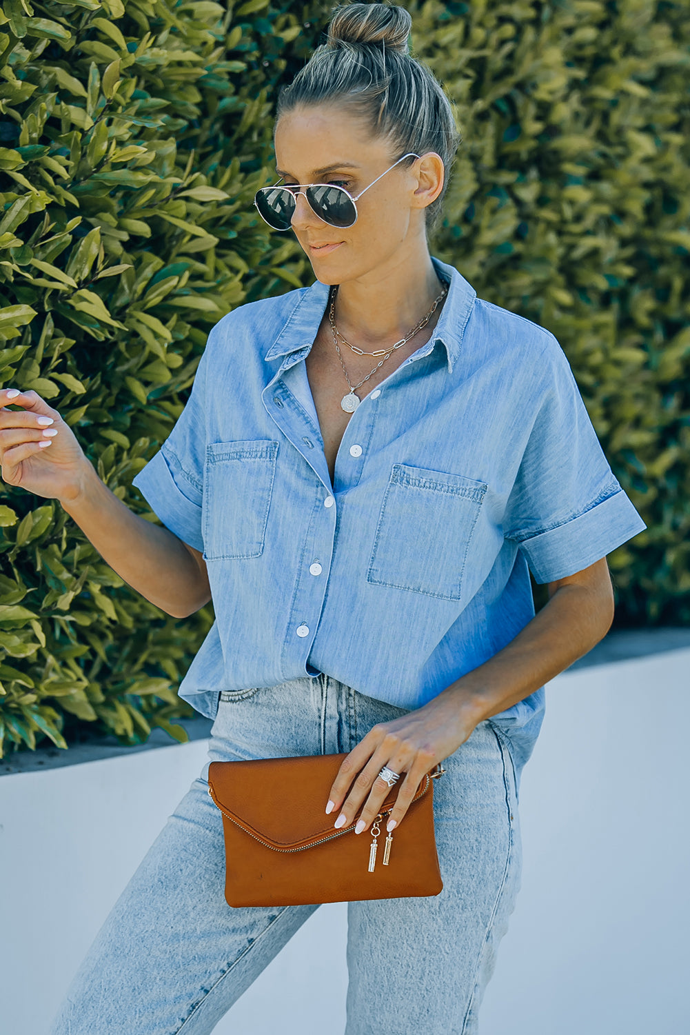 Blue Turn-down Collar Short Sleeve Denim Shirt