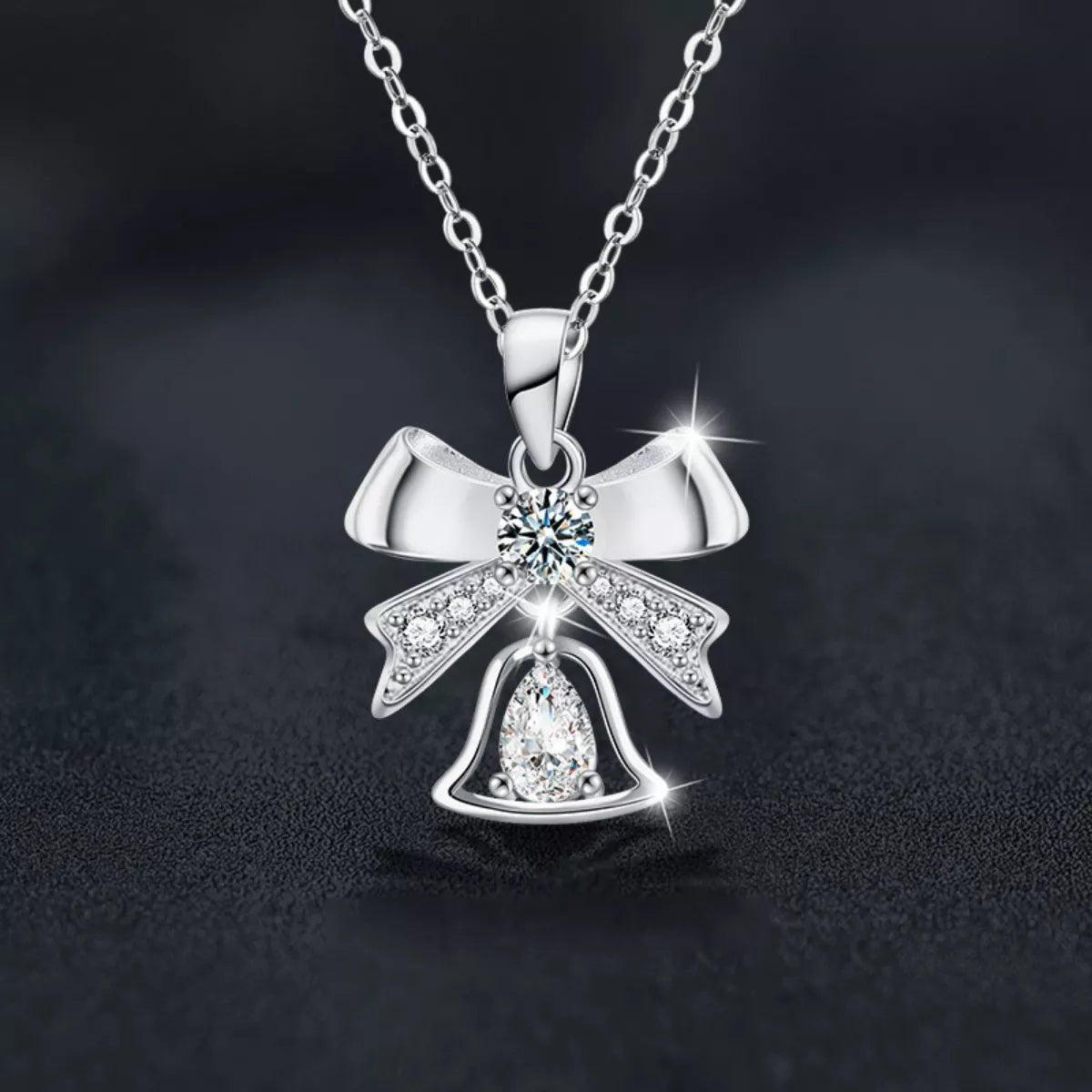 925 Sterling Silver Moissanite Bow Bell Pendant Necklace - MAD RUFFI