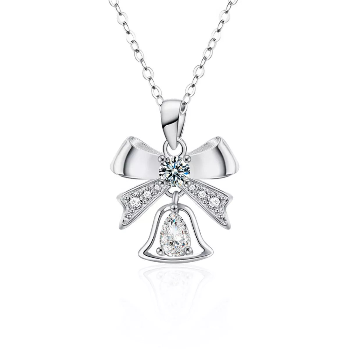 925 Sterling Silver Moissanite Bow Bell Pendant Necklace - MAD RUFFI