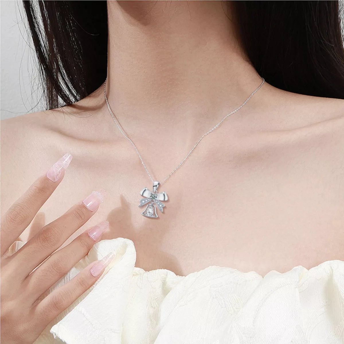 925 Sterling Silver Moissanite Bow Bell Pendant Necklace - MAD RUFFI