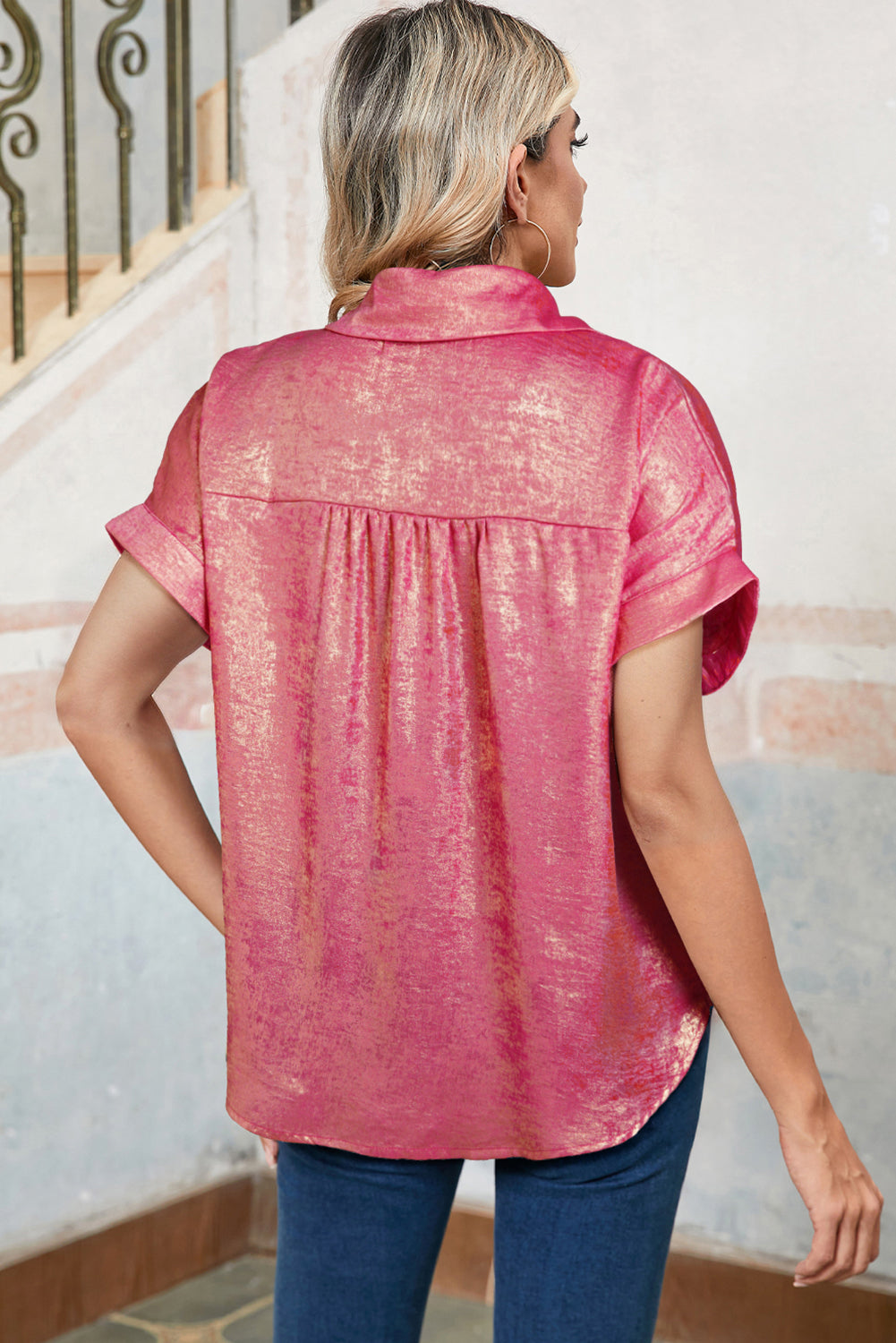 Rose Red Metallic Sheen Short Sleeve Buttoned Front Shirt