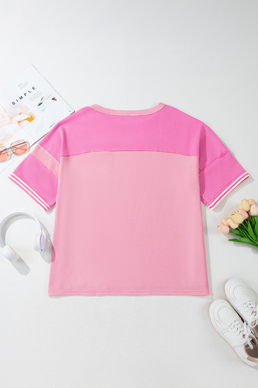 Pink Stripe Waffle Patchwork Plus Size T-Shirt