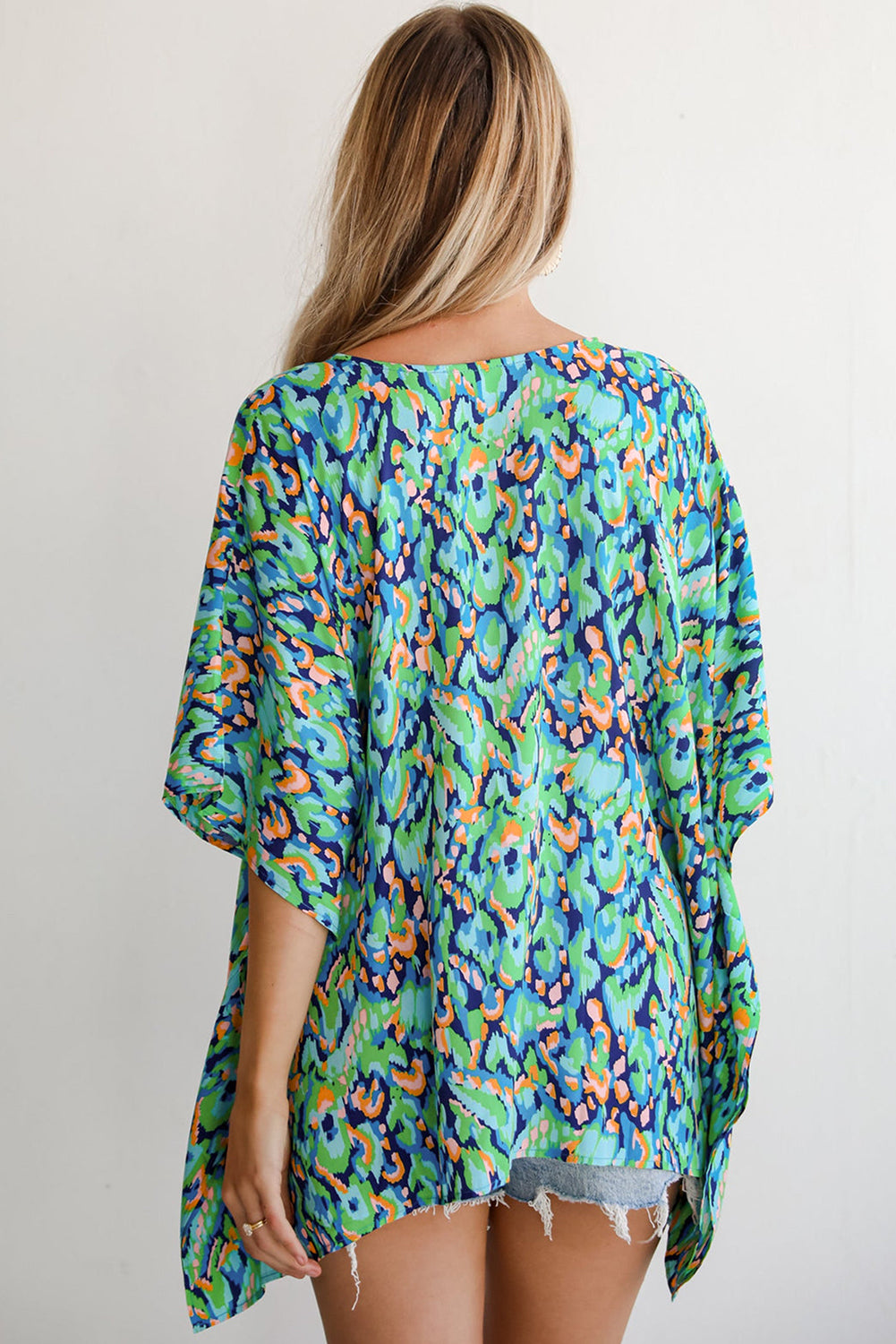 Green Abstract Print V Neck Half Sleeve Loose Fit Tunic Blouse