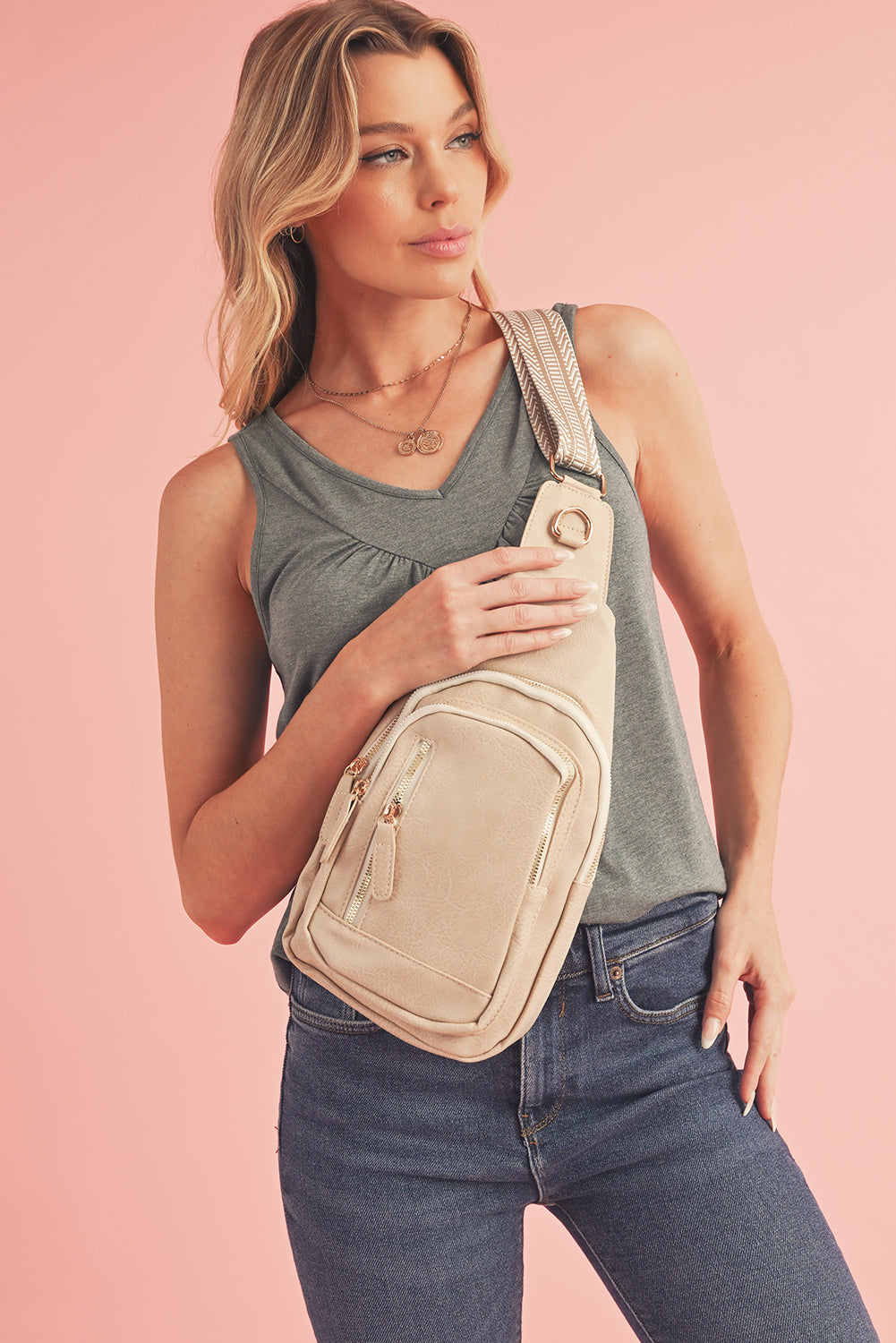 Sac cross-body zippé en cuir PU vintage beige