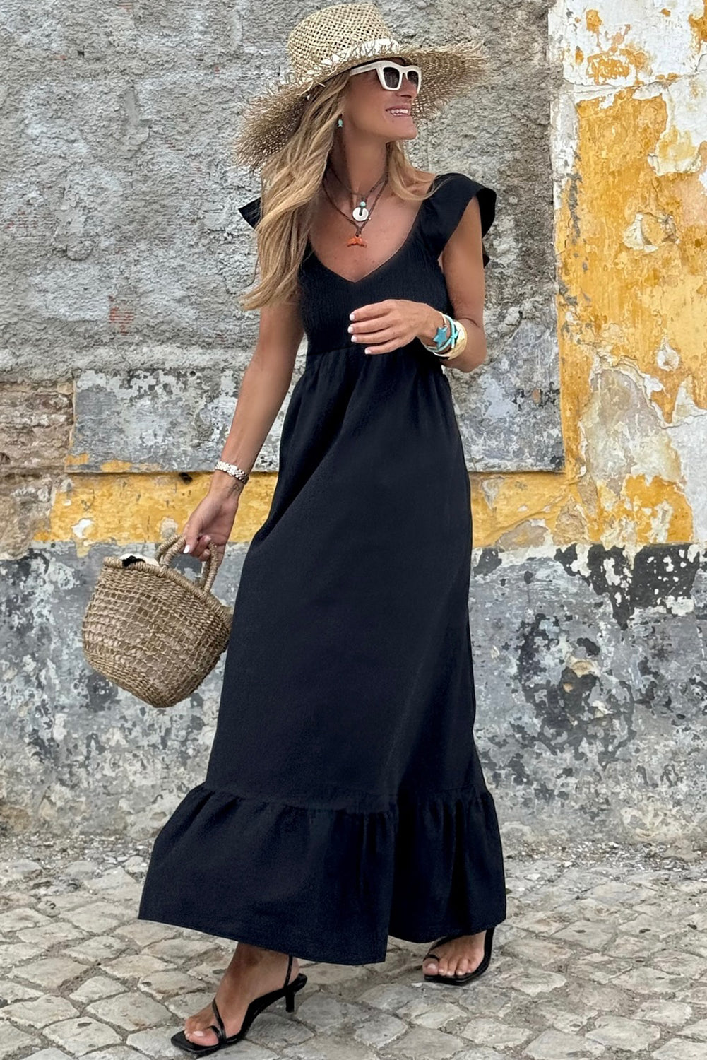 Black en V couche de couche à manche de corsage smoké Robe maxi