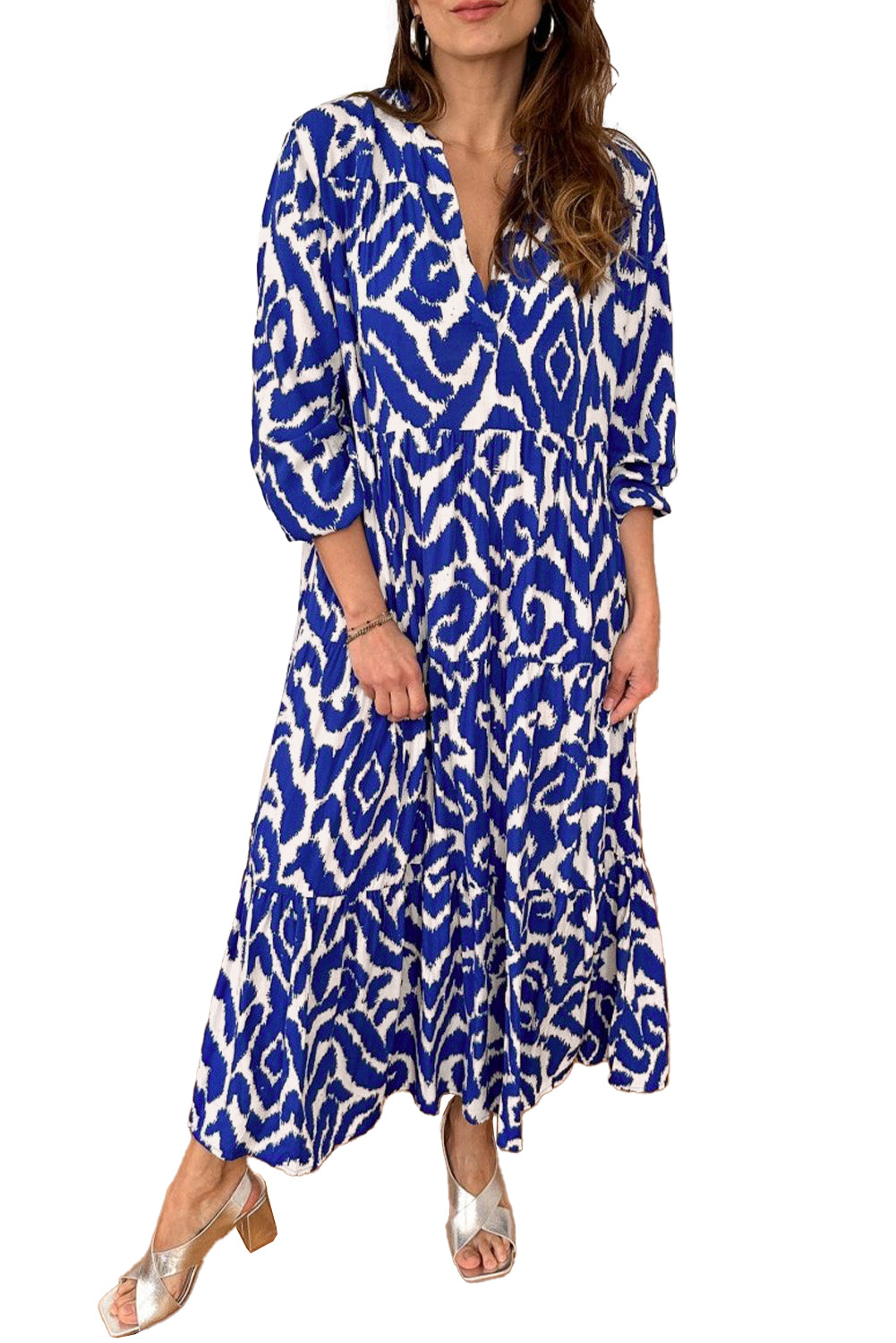 Vibrant Blue Geometric V Neck Tiered Maxi Dress